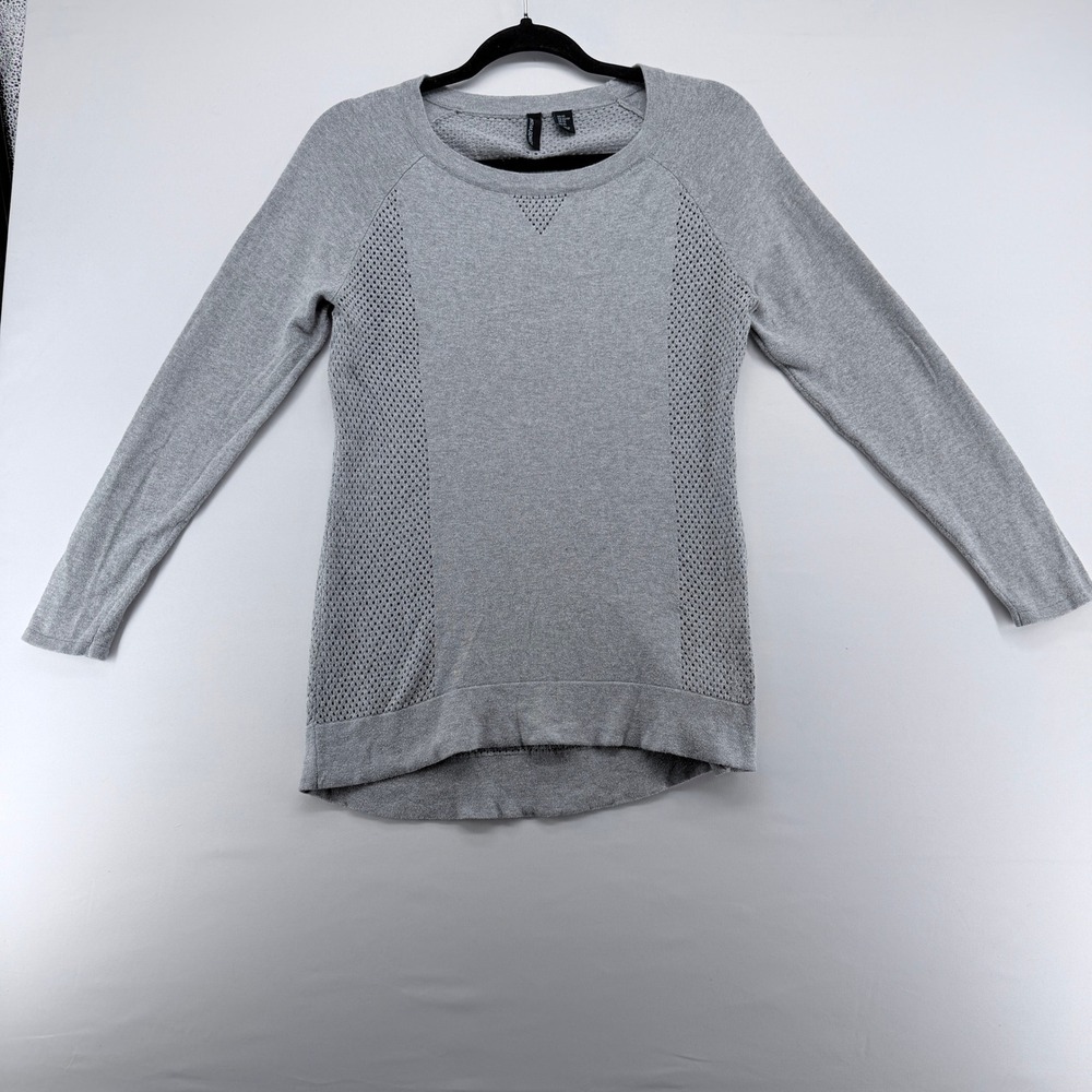 Cynthia Rowley Gray Perforated Mesh Panel Knit Sweater XS Raglan Long Sleeve